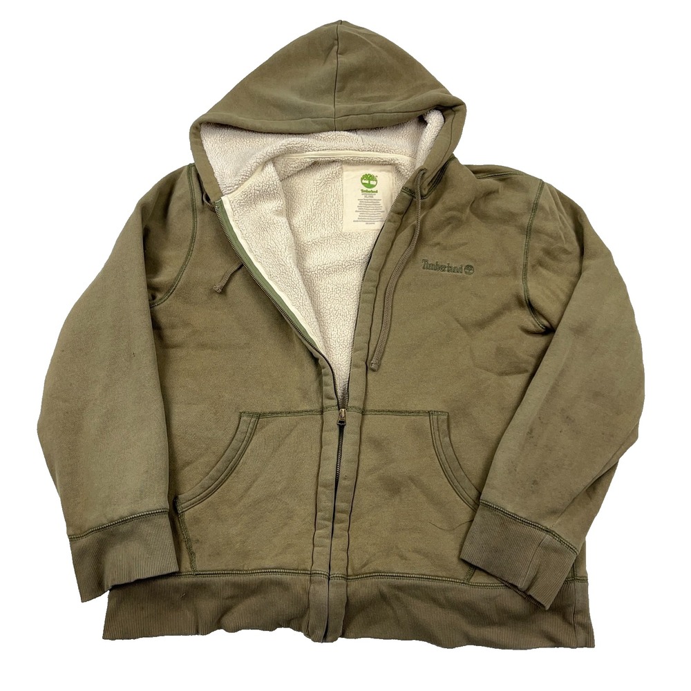 Vintage Y2K Timberland Hoodie Men XL Green Full Zip Sherpa Lined Jacket Faded